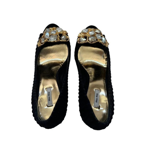 Miu Miu Black Suede Crystal Peep Toe Pumps - Picture 7 of 11
